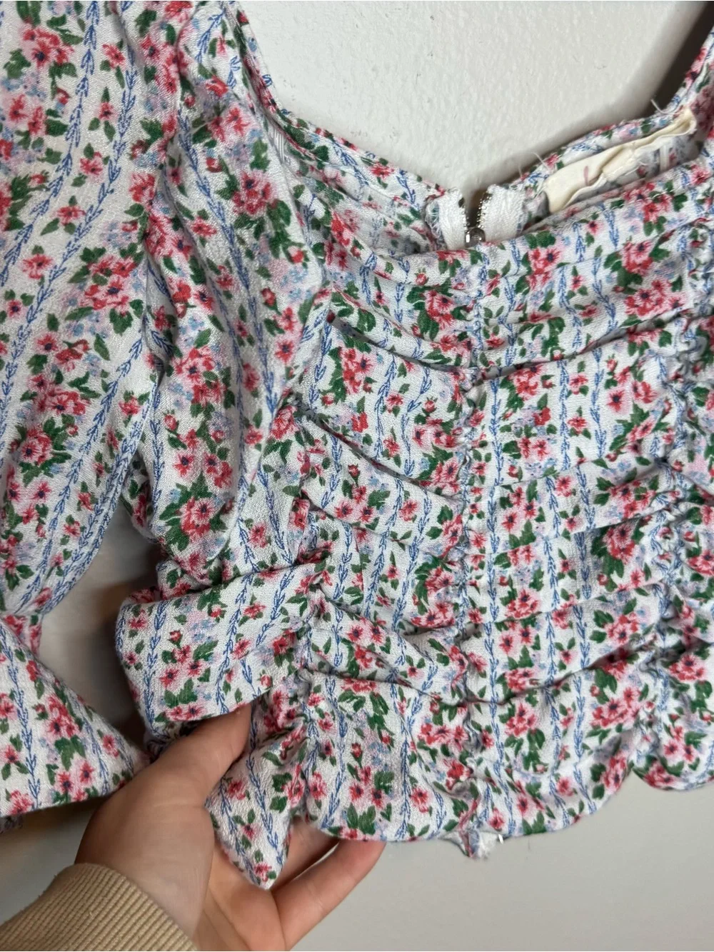 Fanco Floral Ruched Crop Top Puff Sleeve Blouse Ditzy Top